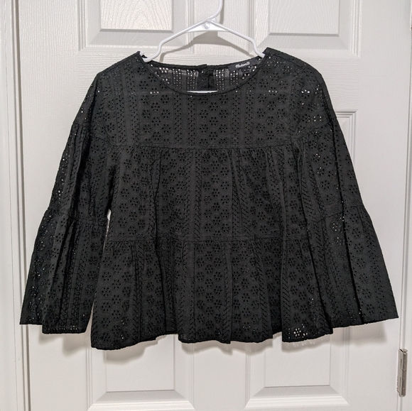 Madewell, Size Small, Black Eyelet Tiered Button Back Top, - Picture 3 of 6